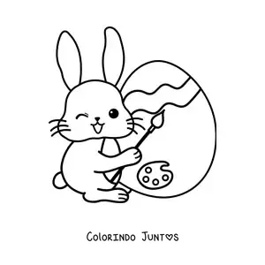 Desenho para colorir de coelhinho kawaii pintando um ovo de Páscoa