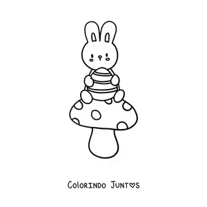 Desenho para colorir de coelho kawaii sentado em um cogumelo com um ovo de Páscoa