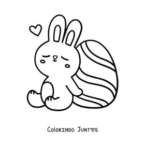 Desenho para colorir de coelho fofo sentado ao lado de um ovo de Páscoa