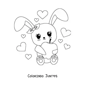 Desenho para colorir de coelho kawaii animado sentado com uma maçã e corações ao fundo