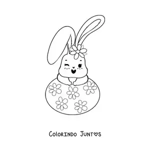 Desenho para colorir de coelhinho fofo animado com ovo de Páscoa