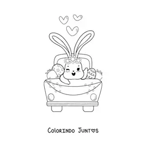 Desenho para colorir de coelhinho fofo animado em um carro com ovos de Páscoa