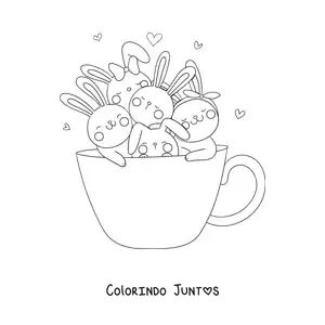 Desenho para colorir de coelhos kawaii animados em uma xícara