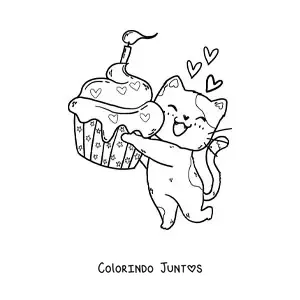 Desenho para colorir de gatinho kawaii com um cupcake de aniversário