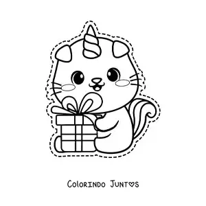 Desenho para colorir de gaticórnio kawaii com um presente de aniversário