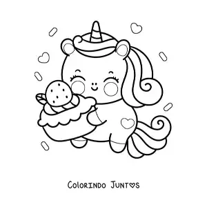 Desenho para colorir de unicórnio kawaii com um pedaço de bolo de aniversário