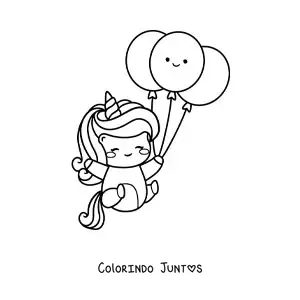 Desenho para colorir de unicórnio kawaii com balões de aniversário