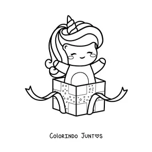 Desenho para colorir de unicórnio kawaii em uma caixa de presente de aniversário