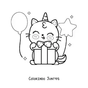 Desenho para colorir de gaticórnio kawaii abrindo um presente de aniversário