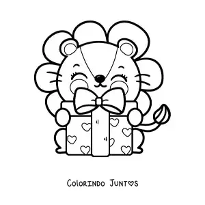 Desenho para colorir de leão kawaii animado com um presente de aniversário