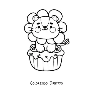 Desenho para colorir de leão fofo animado em um cupcake de aniversário