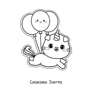 Desenho para colorir de gaticórnio kawaii flutuando com balões de aniversário