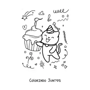 Desenho para colorir de gato aniversariante kawaii com um cupcake em uma festa