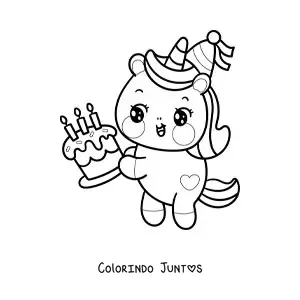 Desenho para colorir de unicórnio aniversariante kawaii com um bolo de aniversário
