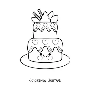 Desenho para colorir de bolo de aniversário kawaii animado