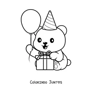 Desenho para colorir de urso aniversariante kawaii com um presente e um balão