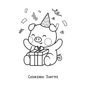 Desenho para colorir de porquinho aniversariante kawaii sentado com um presente e confete