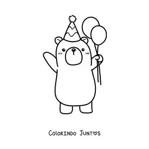Desenho para colorir de urso kawaii de aniversário com um balão e um chapéu de festa