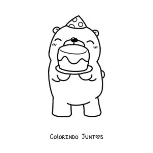 Desenho para colorir de urso kawaii de aniversário com um bolo e um chapéu de festa