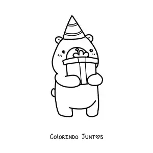 Desenho para colorir de urso kawaii de aniversário com um presente e um chapéu de festa