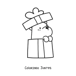 Desenho para colorir de urso kawaii de aniversário saindo de uma caixa de presente