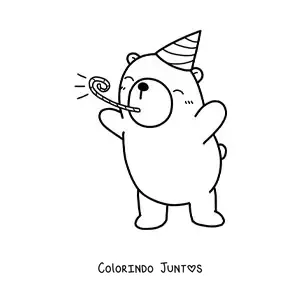 Desenho para colorir de urso kawaii de aniversário comemorando com chapéu de festa e língua de sogra