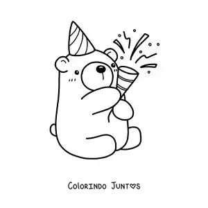 Desenho para colorir de urso kawaii de aniversário sentado com confete