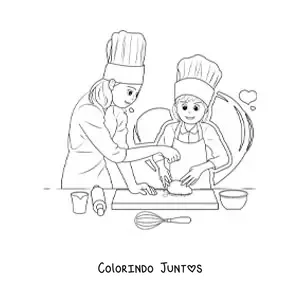 Desenho para colorir de mãe e filha fazendo pão