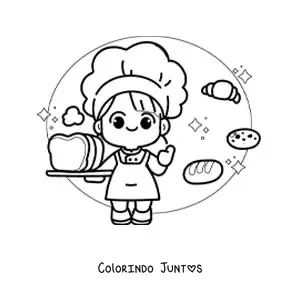 Desenho para colorir de padeira kawaii com um croissant e outros pães