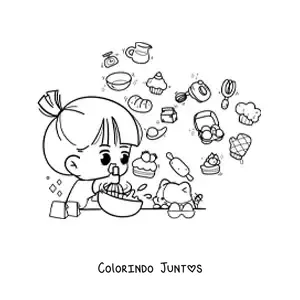 Desenho para colorir de garota kawaii fazendo pão com ingredientes
