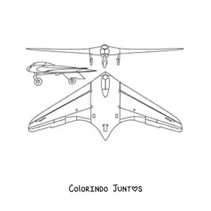 Desenho para colorir de um avião de guerra de frente, visto de cima e de lado