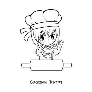 Desenho para colorir de garota padeira kawaii com um rolo de massa