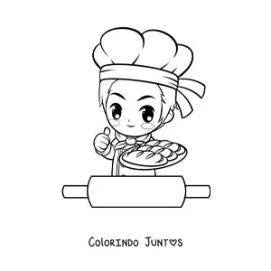 Desenho para colorir de chef padeiro kawaii com um rolo de massa