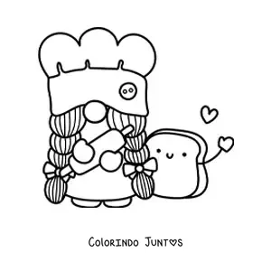 Desenho para colorir de gnomo padeiro kawaii com um rolo de massa