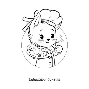 Desenho para colorir de cachorrinho padeiro kawaii estilo anime com um croissant