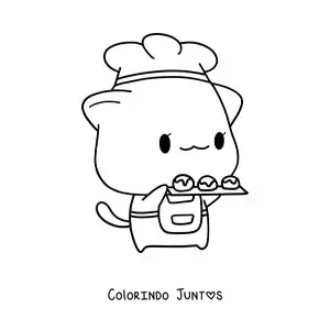 Desenho para colorir de gatinho padeiro kawaii estilo anime com uma bandeja de sobremesas