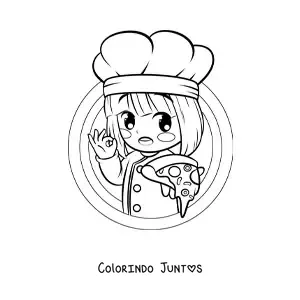 Desenho para colorir de menina cozinheira kawaii com uma pizza
