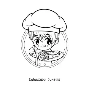 Desenho para colorir de menino cozinheiro kawaii com um taco