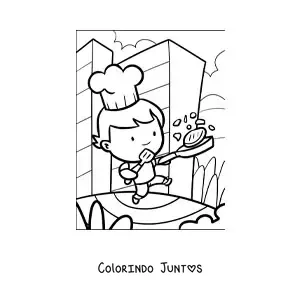 Desenho para colorir de um menino cozinheiro cozinhando