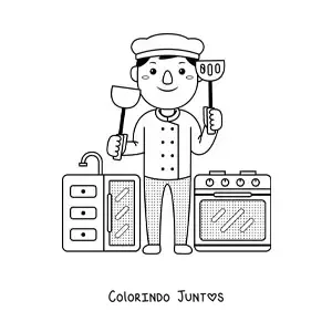 Desenho para colorir de cozinheiro kawaii animado na cozinha