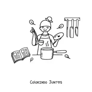 Desenho para colorir de menina cozinhando uma sopa na cozinha