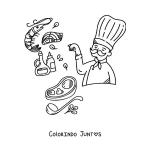 Desenho para colorir de chef cozinhando carne com ingredientes