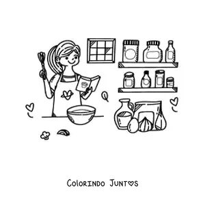 Desenho para colorir de menina cozinhando uma sopa na cozinha com livro de receitas