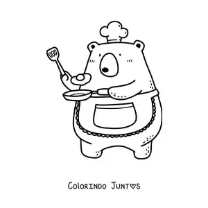 Desenho para colorir de urso cozinheiro kawaii animado fritando um ovo