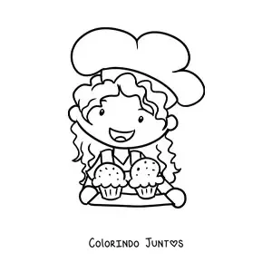 Desenho para colorir de menina cozinheira kawaii com bandeja de cupcakes
