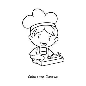 Desenho para colorir de menino cozinheiro kawaii cortando legumes