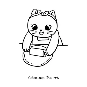 Desenho para colorir de gata cozinheira animada kawaii esticando massa com um rolo