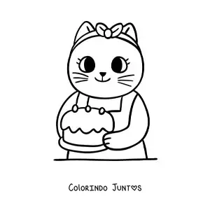 Desenho para colorir de gata cozinheira animada kawaii com um bolo