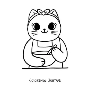 Desenho para colorir de gata cozinheira animada kawaii cozinhando
