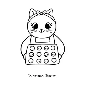 Desenho para colorir de gata cozinheira animada kawaii assando cupcakes
